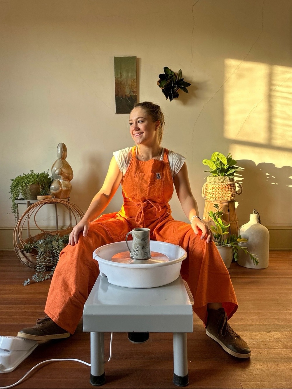 Orange durable cotton canvas pottery apron with legs